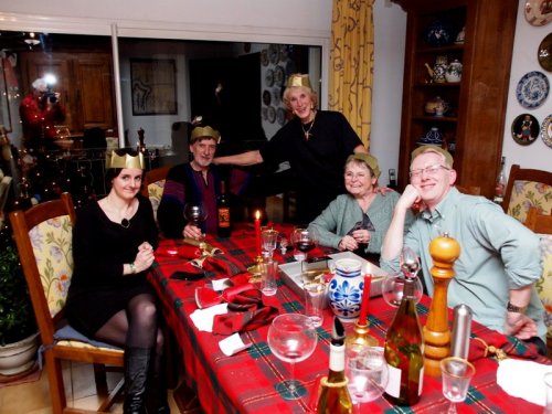 The finale:  Christmas crackers and hats 