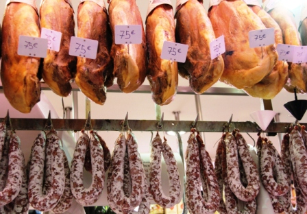 Hams and sausages are popular in southwestern France.