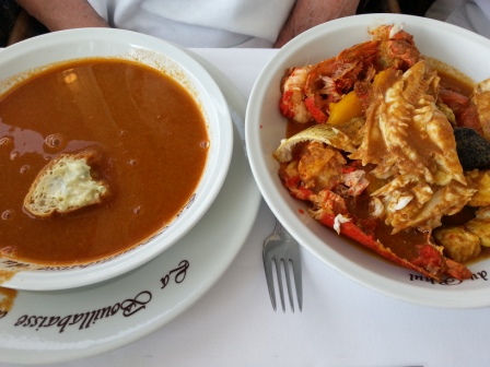 Bouillabaisse is much more than fish soup. A plate brimming with different kinds of fish comes with the soup.  Carol ordered the deluxe version with lobster.